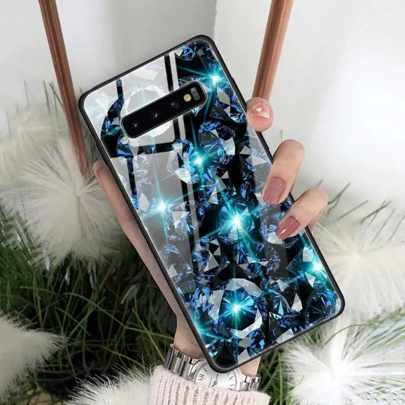 T12 Корона с алмазами печать чехол для samsung Galaxy A50 A30 S10 e S9 S8 Note 10 Plus 5G 9 закаленное стекло+ черный мягкий чехол для телефона A70 - Цвет: T12