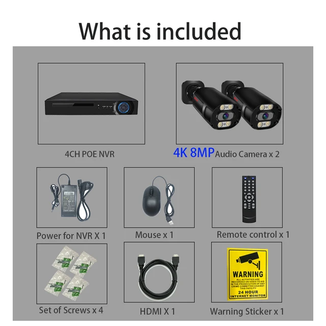 SIMICAM 4K POE Security Camera System 8MP H.265 IP Audio Human detection Color Full Night Vision IP67 Weatherproof Metal NVR Kit 4CH 2pcs4K Camera