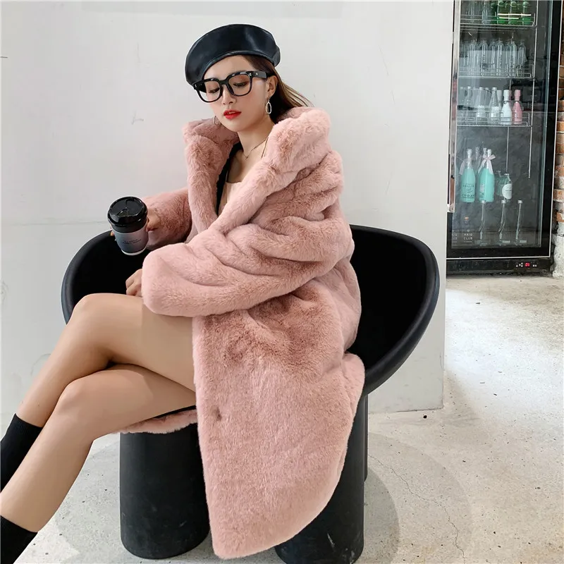 Женское зимнее модное длинное пальто из искусственного меха, однотонное свободное теплое пальто с отложным воротником, Мягкое повседневное пальто с длинным рукавом и карманами - Цвет: Pink