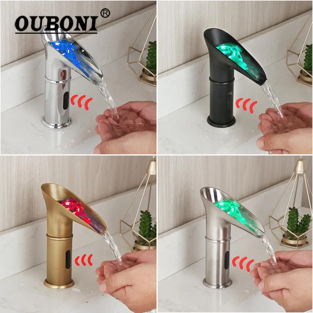 

OUBONI 4 Colors Automatic Sensor Hand Touch Griffin Nickel Brushed Bathroom Sink Faucet Brass Waterfall Basin Sink Mixer Faucet