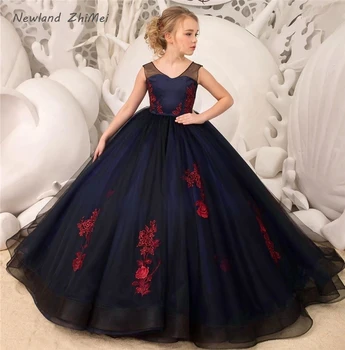 

Lovely Ball Gown Communion Dresses 2020 New Fashion V Neck Backless Applique Tulle Flower Girl Dress robe de soiree fille