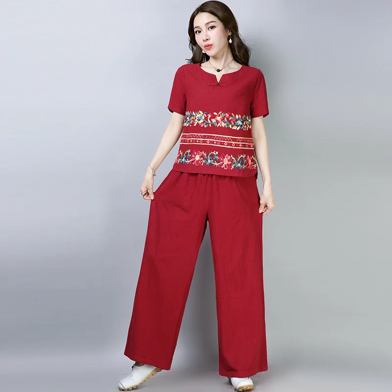 

2019 New Style Ethnic-Style Cotton Linen Machine Embroidery Loose Tops Loose Pants Set