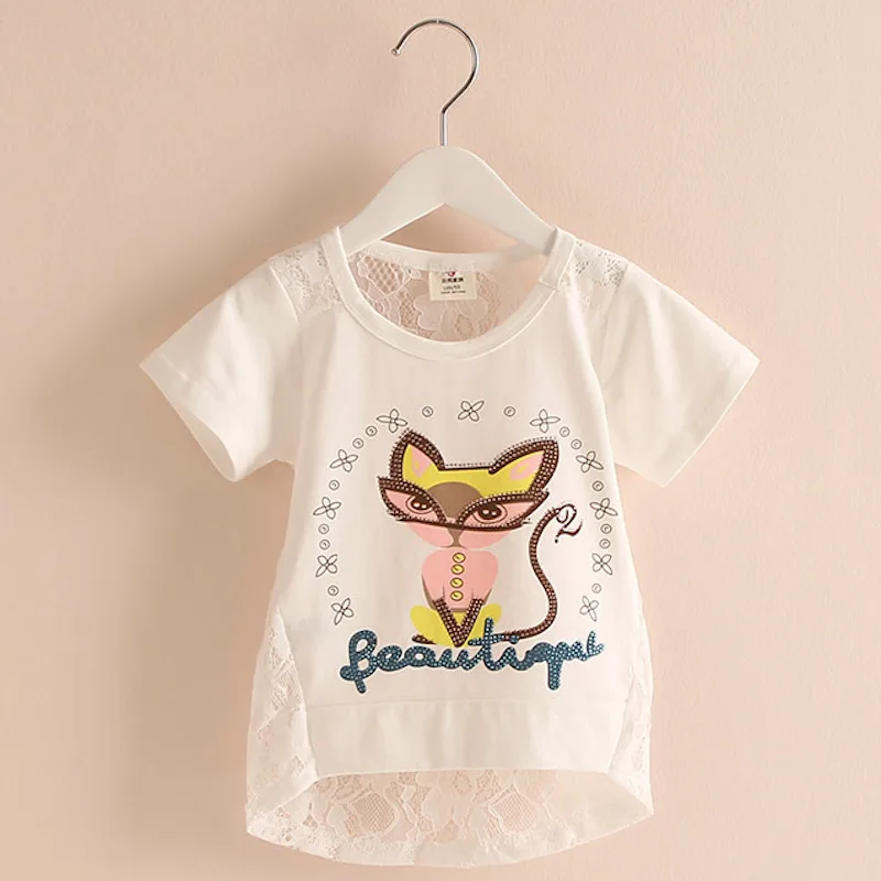 2021 Summer 3-12 Years Birthday Lovely Funny Cartoon Cat Print Lace Embroidery Hollow Out Short Sleeve T Shirt Teenagers Girl | Детская