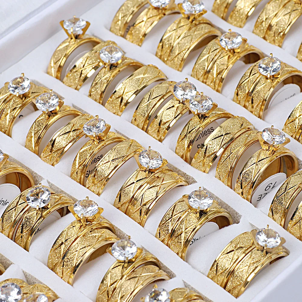 Wholesale 12Sets Cubic Zircon Stainless Steel Rings Men Women Wedding Jewelry FREE Shipping 2