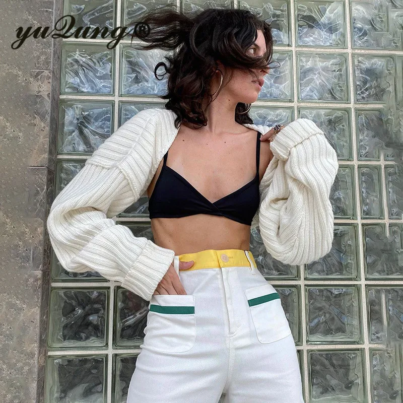 

Yuqung Long Batwing Sleeve Short Cropped Sweater 2020 Sexy Fashion Front Open Cardigan Tops Cape Cloak Autumn Women Knitwear