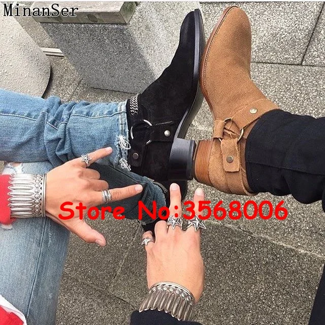 British Style Pointed Toe Chelsea Boots Men Casual Flat Ankle Shoes Real Suede Leather Male Casual Outdoor Autumn Boots Big Size