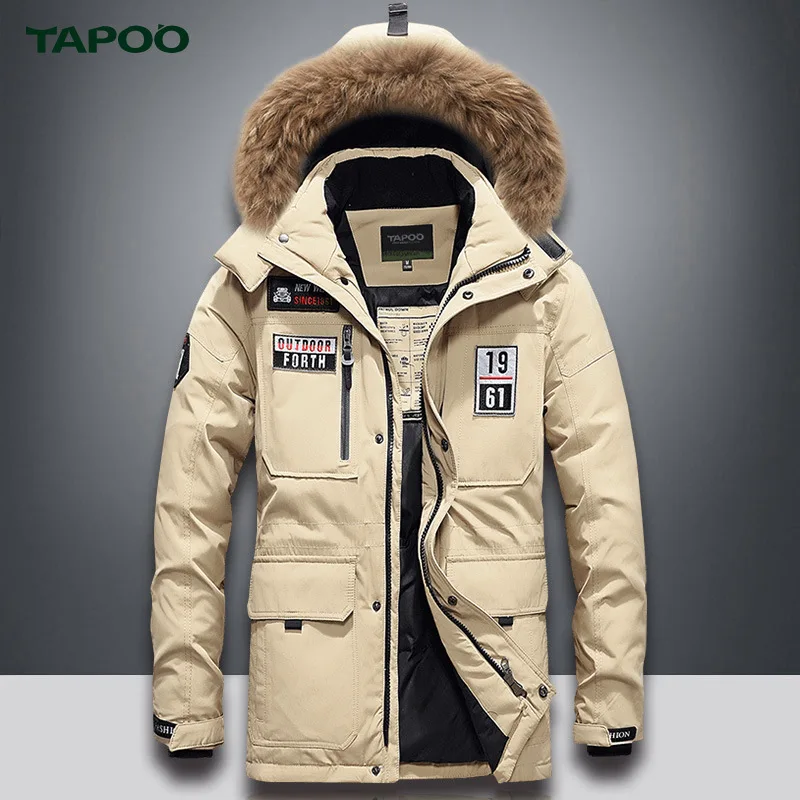 

Tapoo MEN'S down Jacket Mid-length Thick White Duck down Winter Warm Hooded Large Fur Collar Coat Men's