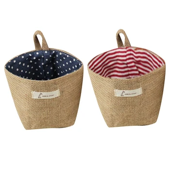 

2 Pcs Cotton Linen Art Flower Pot Small Sack Hanging Jute Cotton Dot Storage Basket Storage Bag,(Blue Point & Red Stripes)