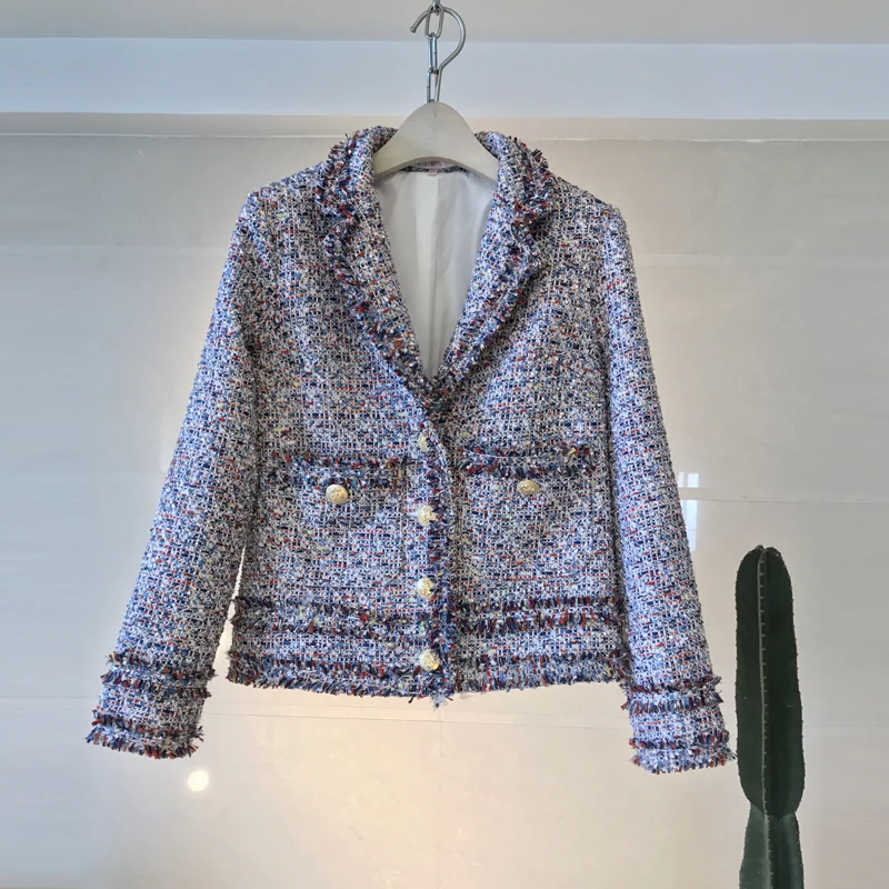 

Banulin Blue Tweed Jacket Coat 2019 Autumn Women's Long Sleeve Woolen Fringed Trim Tassels Gold Button Pocket Runway Jacket