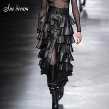 Модная юбка с поясом и пуговицами, высокая талия, гофрированная многослойная юбка-торт, черная, коричневая Женская юбка из искусственной кожи