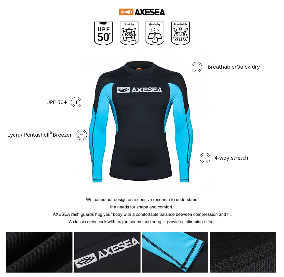 AXESEA Men Rash Guard Patchwork Swimwear Long Sleeve Rashguard Sun Protection Swimsuit Surfing Shirt Top UPF50+ Sport Beachwear