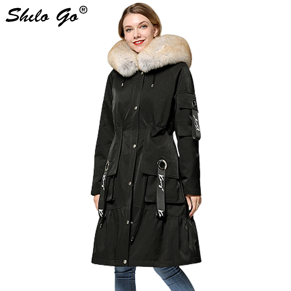

Fur Parkas Highstreet Real Fox Fur Collar Hooded Fur Lining Long Coat Women Winter Casual Safari Style A Line Outwear Female