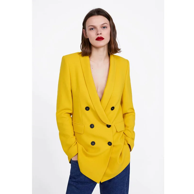 

Small Suit Women's Mid-length 2019 Spring New Style Western Style Yellow Double Breasted Coat Women's Foreign Trade