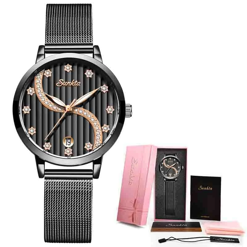 SUNKTA модные роскошные Брендовые женские кварцевые часы креативные тонкие женские наручные часы для Montre Femme женские часы relogio feminino - Цвет: Black