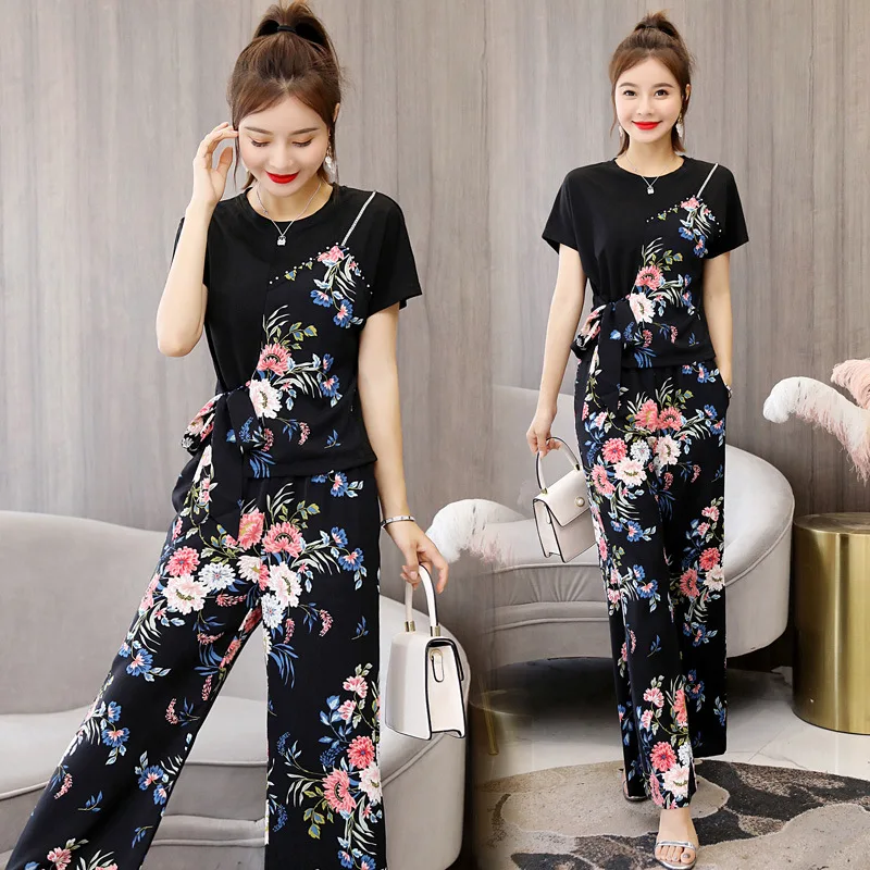 

2019 Summer Wear New Style WOMEN'S Dress Korean-style Fashion Floral Loose Pants Set Goddess-Style Fashionable Western Style Two