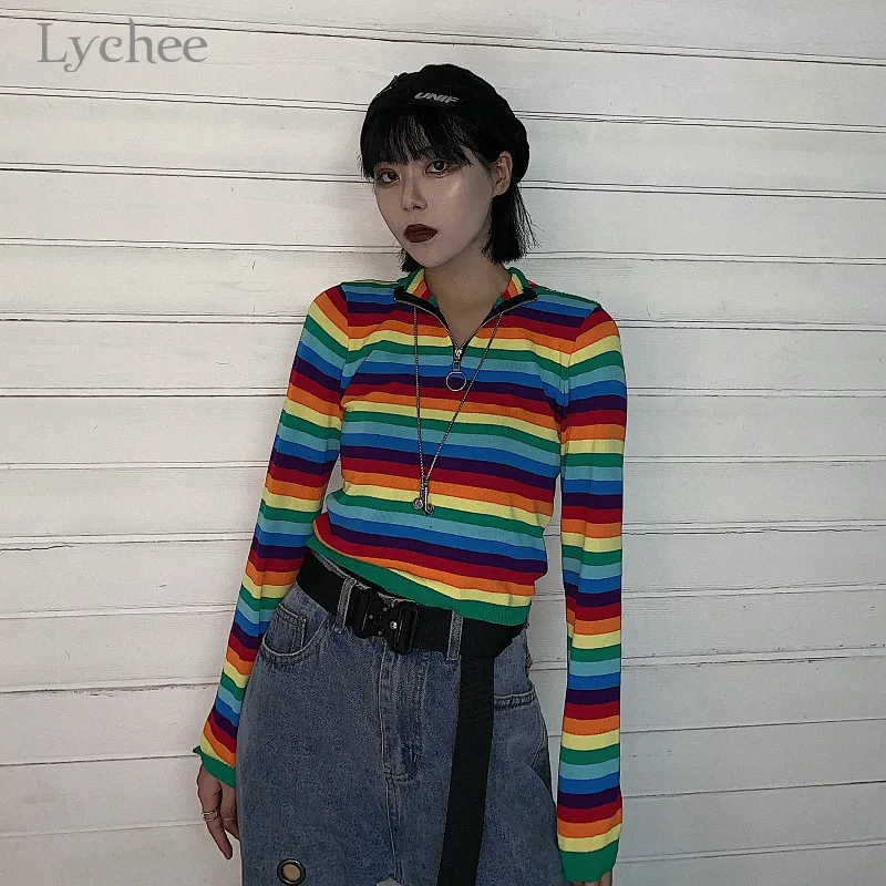 Lychee Harajuku радужная полоса женская трикотажная футболка водолазка кольцо на молнии Женская трикотажная футболка осенние женские футболки