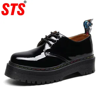 

STS Women Shoes New Fashion European Style Black Shoes Flats Round Toe Black Lace-up Lady Leather Platform Patent Leather Shoes