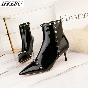 

Patent Leather Short Boots Women Sexy Rivet Pointed Toe Ankle Boot High Heels Shoes Pump Autumn Winter Zapatos Mujer Size 34-41