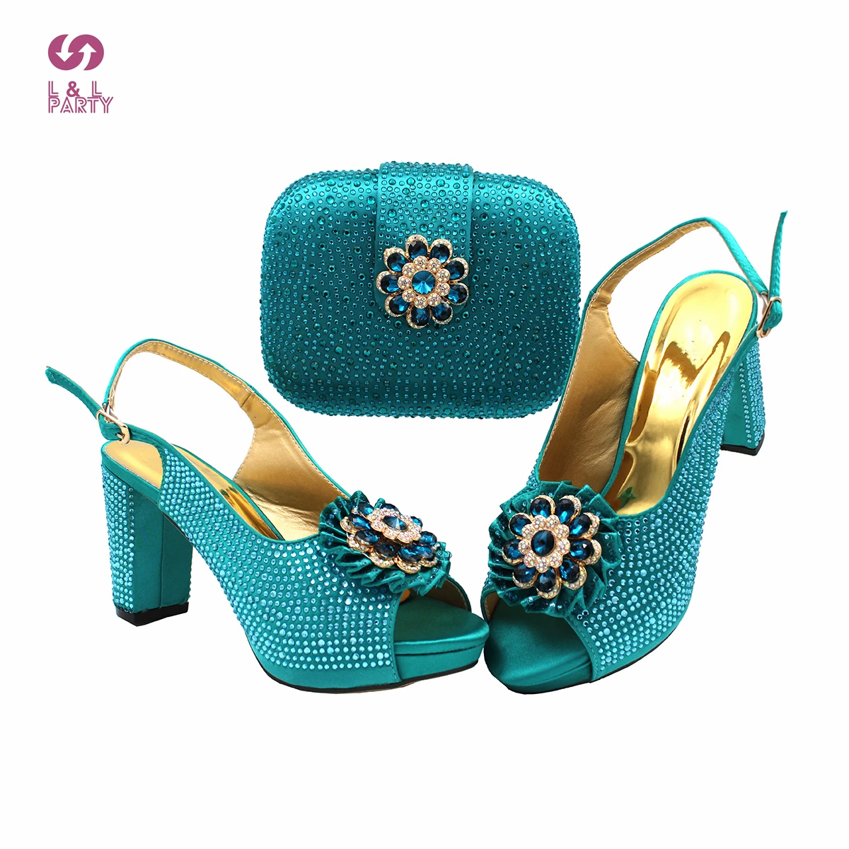 Italienischen Frauen Party Schuhe und Tasche Set in Teal Farbe Hohe Qualität Komfortable Heels mit Shinning Kristall für Weihnachten