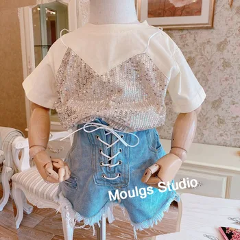 

Summer girls t shirt Baby tee kids tops Children streetwear clothes fashion blingbling sequin strap patch fake two 2 to 8 yrs