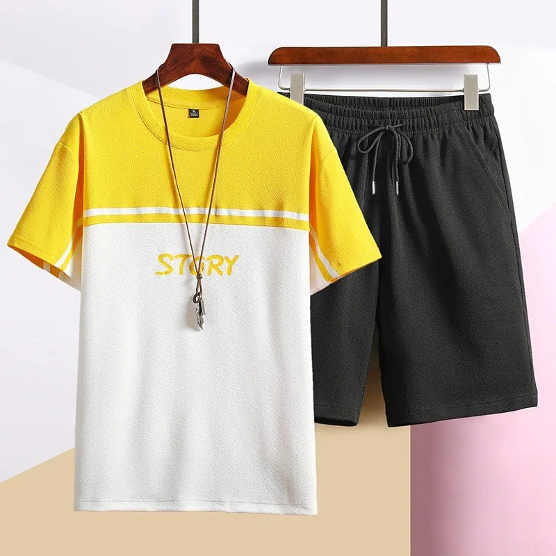 BEST  Summer Pullover Short Sleeve Color Patchwork Mens T-Shirts Solid Drawstring Waist Shorts Male Sport