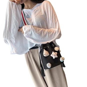 

AA Women 2Pcs Bucket Bag Set Cute Pentagram Decoration Large Capacity Drawstring Shoulder Bag with Inner Pouch Khaki/Black/Pink