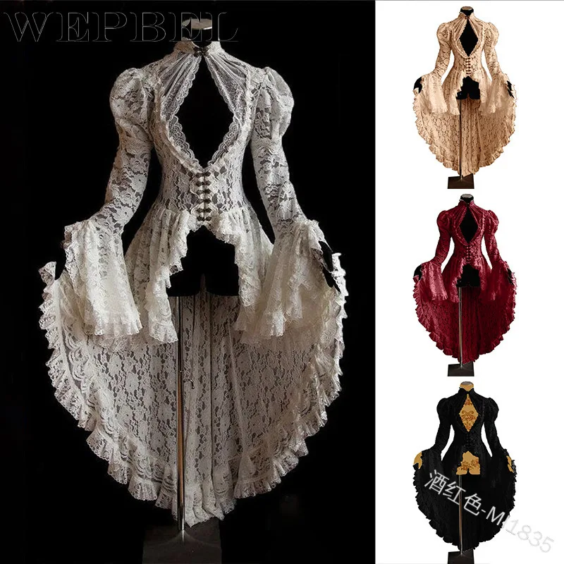 

WEPBEL Women Fashion Gothic Long Sleeve Lace Stitching Tuxedo Jacket Medieval Aristocratic Ladies Vampire Lolita Cosplay Dress