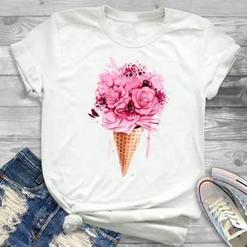 

Women Shirt Ladies Female Flower Ice Cream Creative T Womens Fashion T-shirt Graphic Short Sleeve Summer Printed Top Tshirt