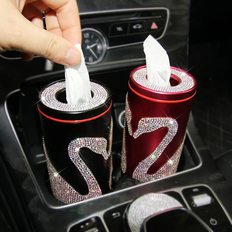 

High Quality Alloy Diamond Swan Auto Car Trunk Tissue Box Cute Removable Tissue Box Cylindrical Alloy Tissue Box