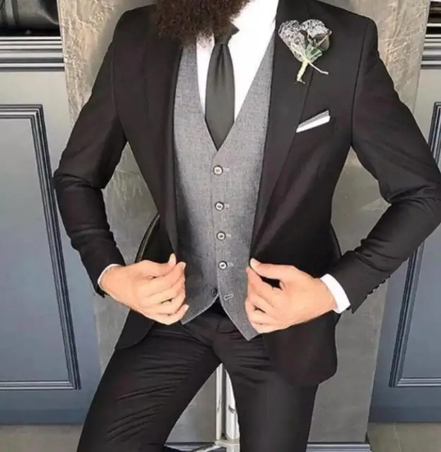 Casual Black Jacket Pant Grey Vest Men 