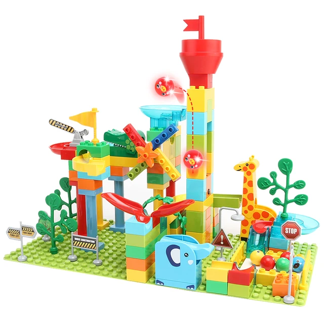 Marble Race Running Ball Maze Track Piano Slide Catapult Dinnosaur Spring Funnel Building Block Compatible Large Cube Parts Toys 2