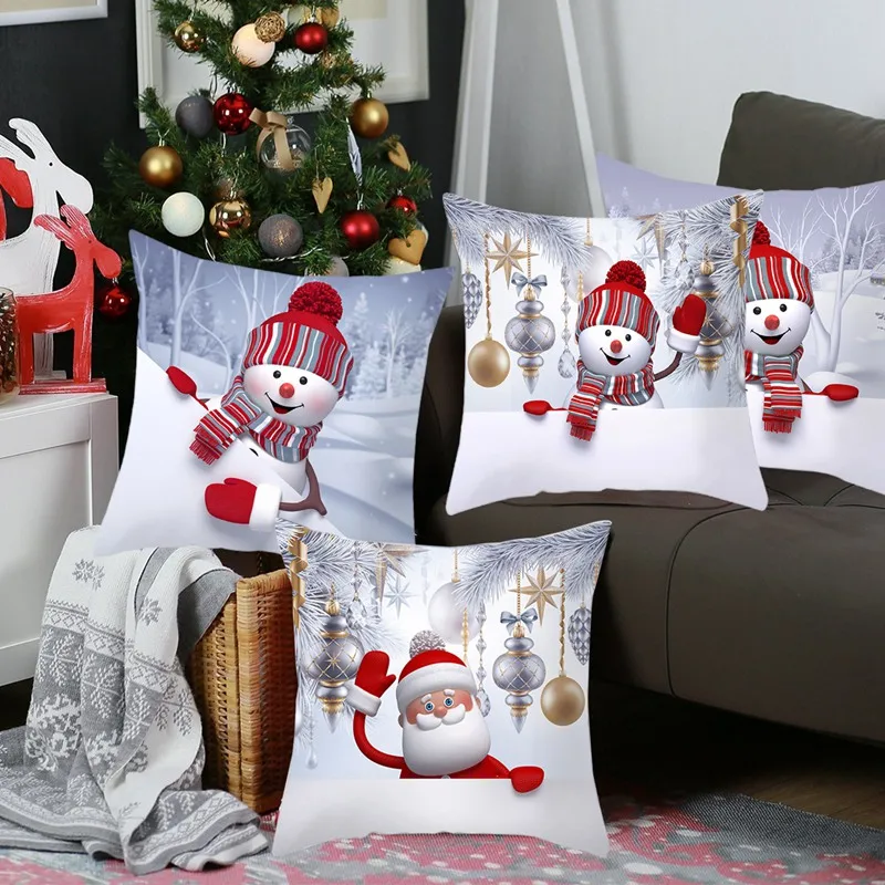 Snowman Christmas Cushion Cover Merry Christmas Decorations for Home 2023 Cristmas Sofa Decor Navidad Xmas Gifts New Year 2024