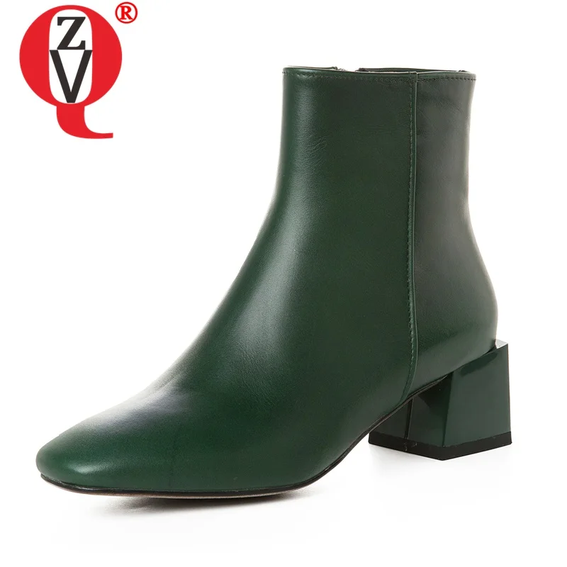 

ZVQ office women's shoes wine red army green white wedding genuine cow leather ankle boots square toe 5cm mid heels booties