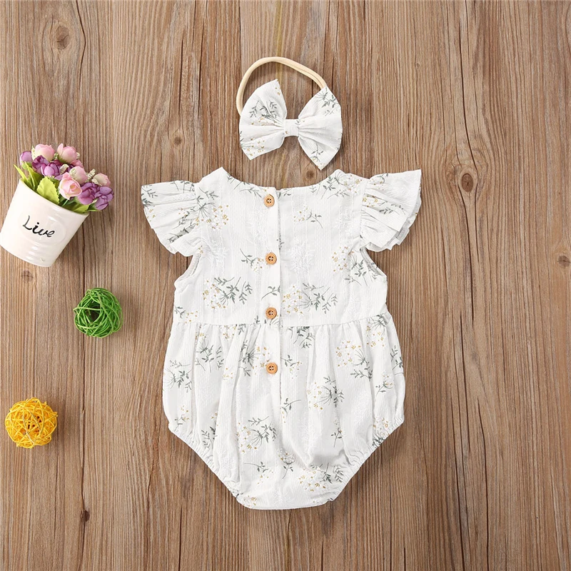 Newborn Baby Girls Rompers Ruffle Cotton Baby Girl Clothes Spring Summer Print Jumpsuits 2pc Outfits Sunsuit Baby Clothing Baby Jumpsuit Cotton 