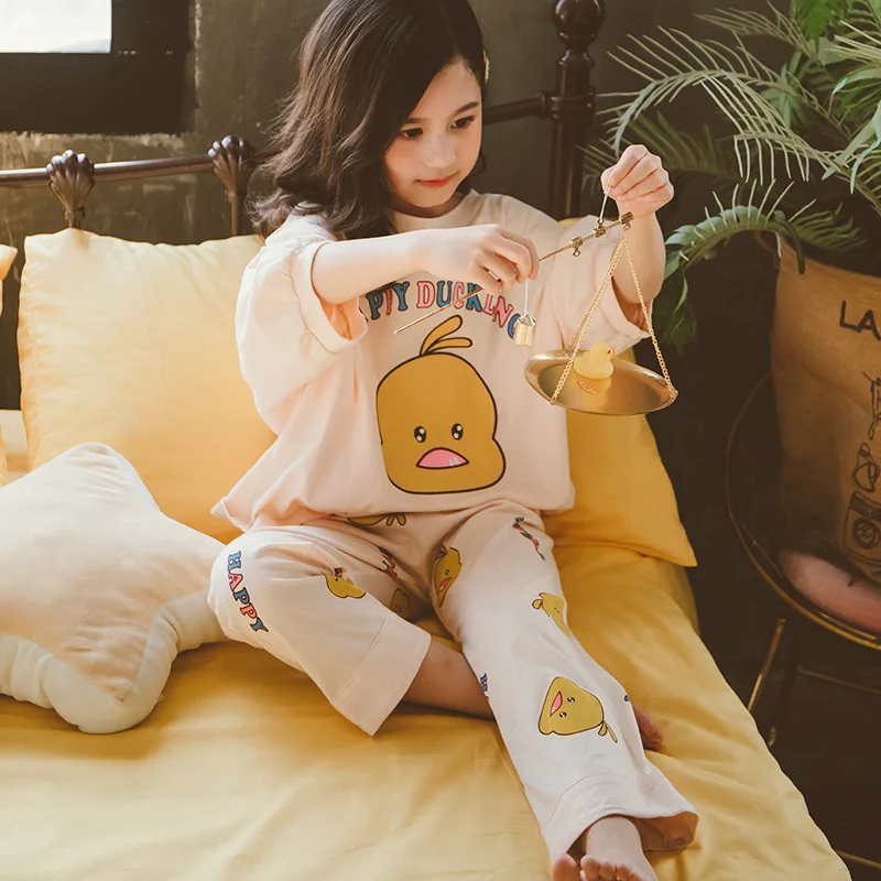 

Girls Cartoon Duck Pajamas Suit Spring And Summer-Big Boy Breathable Loose Tracksuit Piece Childrenswear