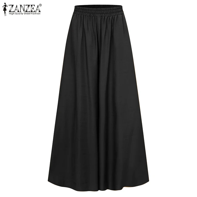 ZANZEA 2021 Spring Autumn Elastic Band Wide leg Pants Female Solid Wide Full Length Pant Women's Casual Ladies Pants black
