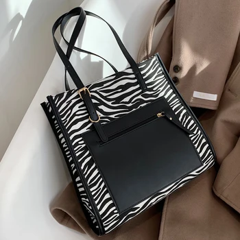 

Niche Design Zebra Pattern Handbag College Student Class Bag Female Large Capacity New Style Tote Bag Underarm Bag Width: 32cm