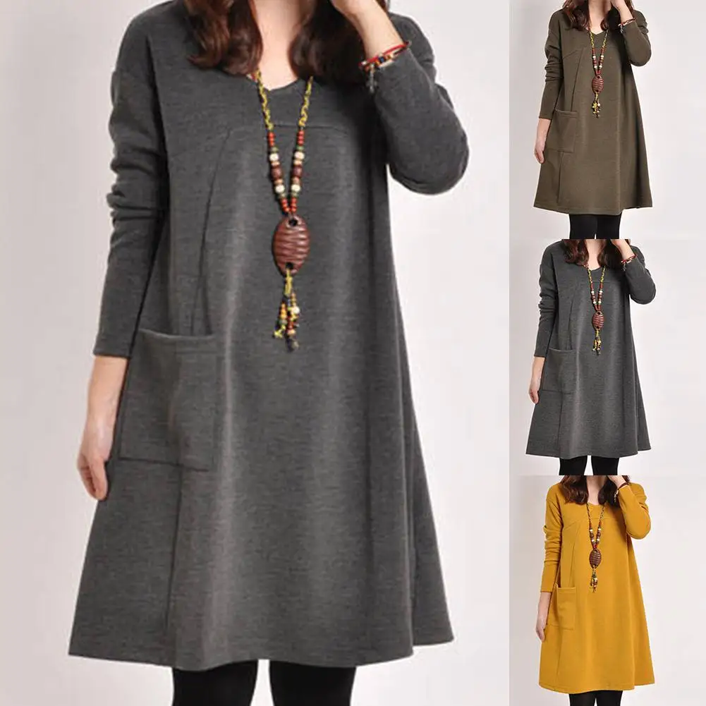

Autumn Winter Dress O Neck Long Sleeve Solid Color Ladies Loose Casual Women Dress Lady Bodycon Robe Dresses vestido de festa NE