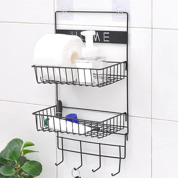 

Non-marking Wall-mounted Double-layer Wrought Iron Storage Baskets Household Kitchen Storage Rack Bathroom Toiletries Storage
