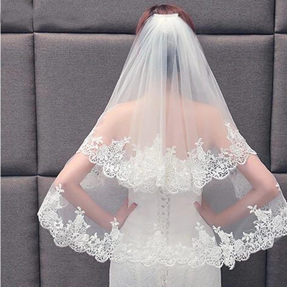 White Ivory Bridal Veils 2 layers With Comb Lace Edge Blusher Veil  Wedding Veil Wedding Accessories Veu de Noiva Bride Veu