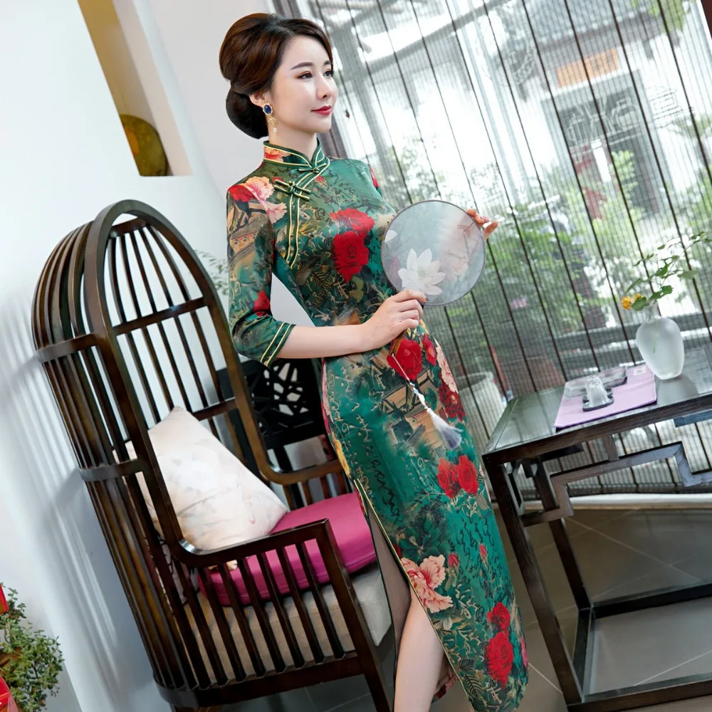 Большие размеры 3XL 4XL 5XL осень новое поступление Винтаж три четверти Cheongsam сексуальное женское Формальное длинное платье с цветочным принтом вискозное Qipao