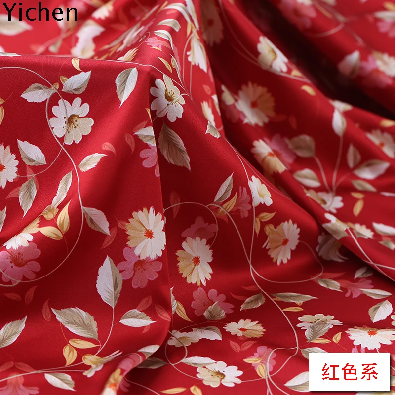 Белый цветочный принт красный Ткань 93% натуральный и 7% спандекс эластичный атлас Cheongsam