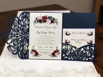 

50pc Dark Navy Blue Invitations faire part de mariage invitation luxurious laser cut wedding invitation cards with envelope RSVP
