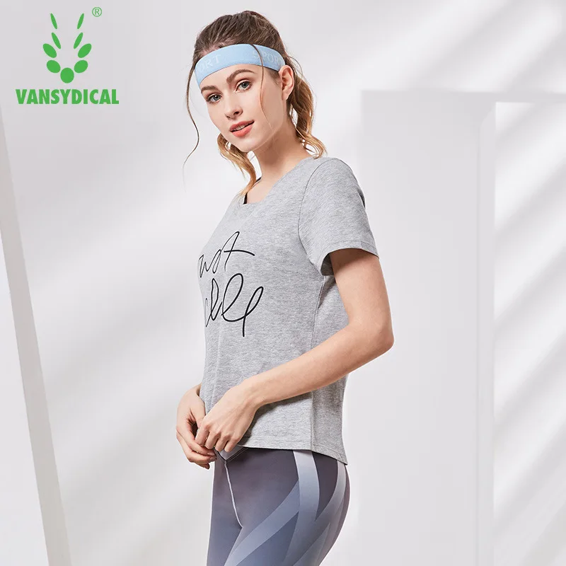 Vansydical спортивные женские топы с коротким рукавом из чистого хлопка для бега и фитнеса, серые свободные футболки с круглым вырезом и надписью Casu