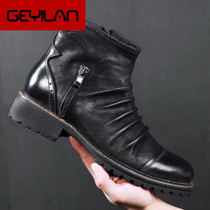 

New Winter Men Leather Boots Zipper Casual Ankle Boot Breathable Big Size 48 47 46 Male Motorcycle Boots Shoes Footwear