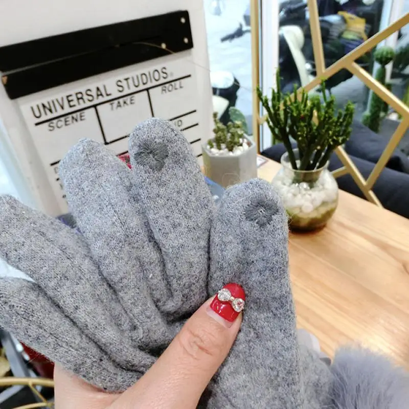 Autumn and Winter Warm Gloves Rabbit Hair Mouth Flowers Mink Fur Ball Wool Gloves Korean Fashion Thickened Finger Women