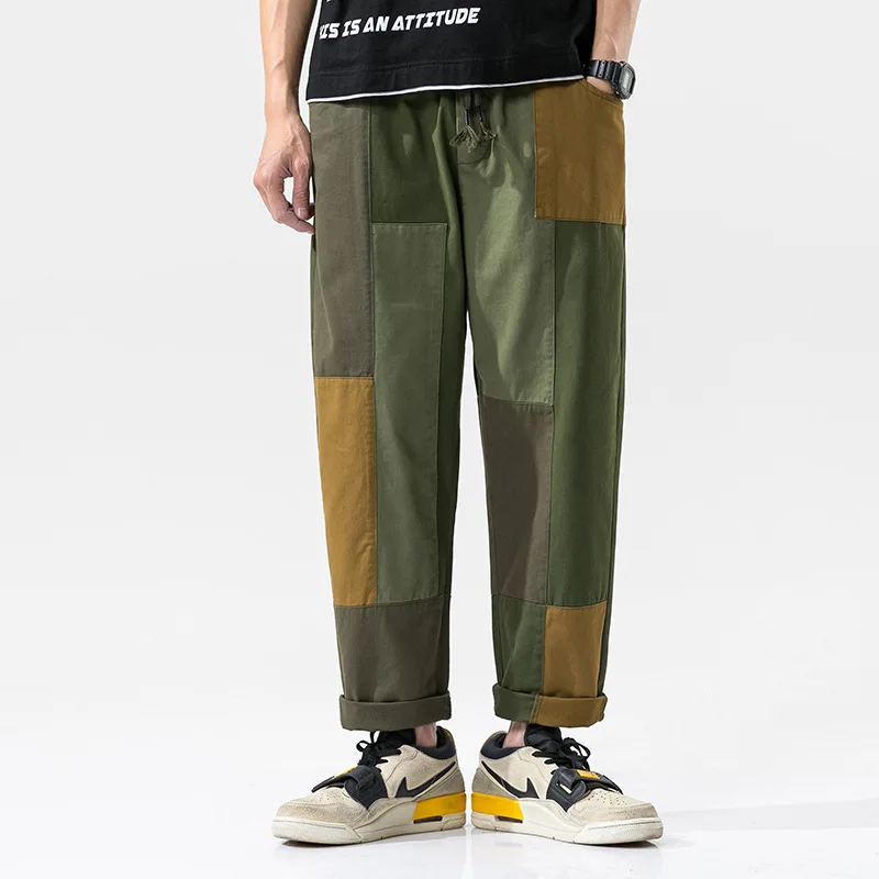 

Men's Trend Cotton Cargo Pants Men High Street Patchwork Pants Drawstring Straight Pants Casual Loose Hip Hop streetwear
