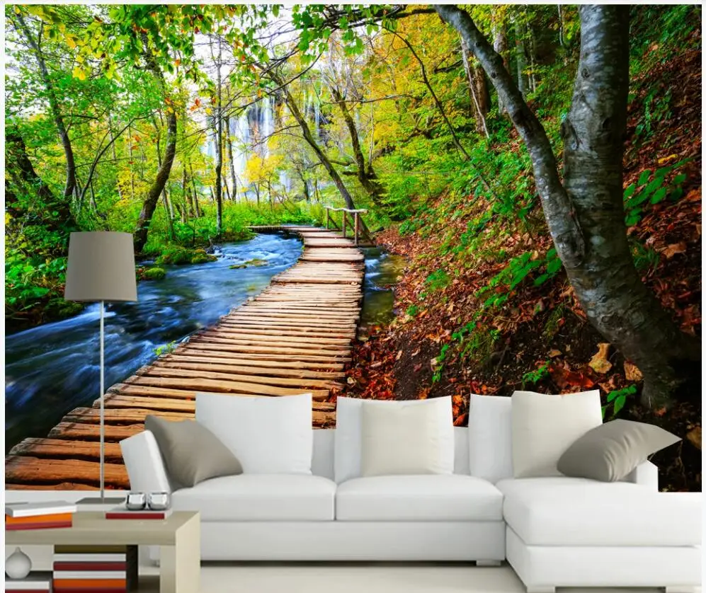 

Custom mural 3d photo wallpaper Forest scenery with flowing water wooden bridge home decor living room wallpaper for walls 3 d