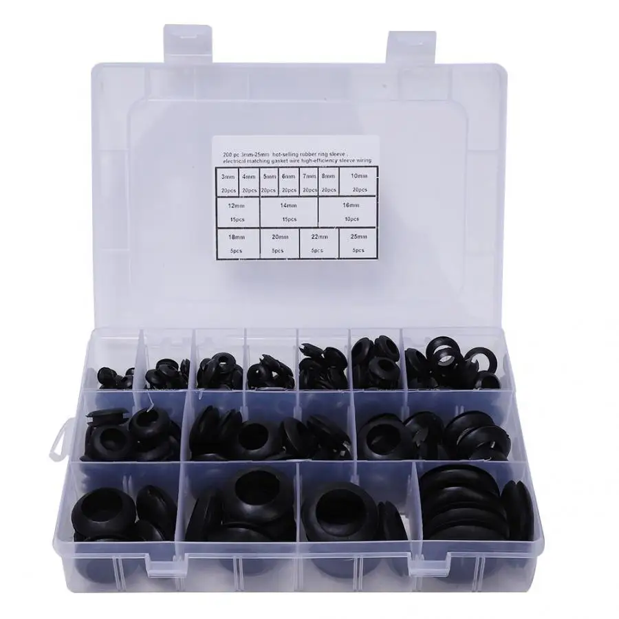 200 Pcs Wiring Gasket Harness Grommets Rubber Retaining Ring Blanking Hole 3~25mm Wiring Cable Gasket