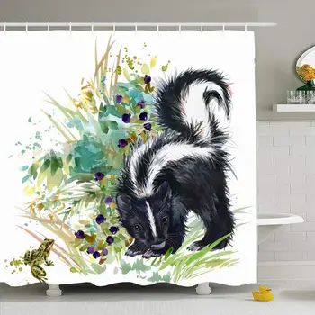 

Shower Curtain Set with Hooks 72x72 Hand Isolated Design Skunk Forest Animals Watercolor Head Wildlife Realistic Face Nature